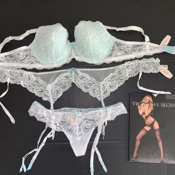 Victoria's Secret 34DD BRA SET+garter+thong+S SLIP WHITE blue BRIDAL lace I DO